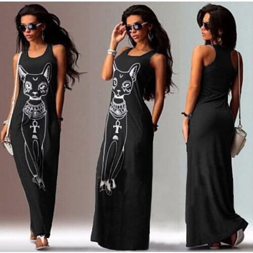 2019 Women Summer Long Maxi Dress Casual Cat Print Boho Beach Dress Sexy Evening Party Bodycon Dress Vestidos Largos Mujer
