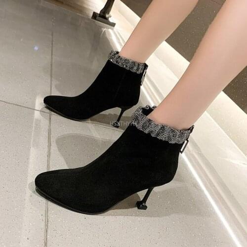 2022 Womens Suede Ladies Shoes Woman High Heels Paillette Ankle Boots for Women Black Suede Boots Ankle Boots Women Boots