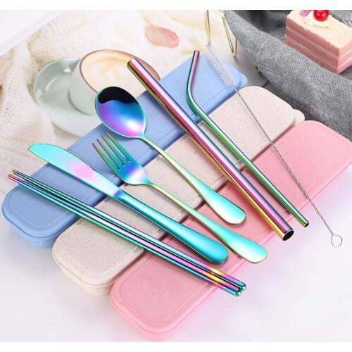 304 stainless steel portable tableware box 7-piece set knife, fork, spoon, chopsticks Straw set outdoor tableware set