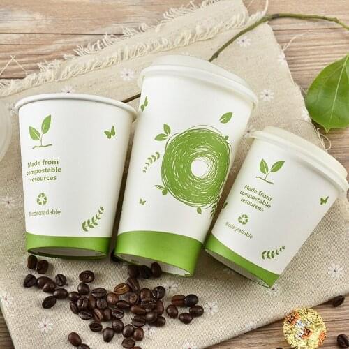 50pcs White PLA paper cup degradable tableware party favor disposable coffee milk tea hot drink cup with packing cups with lid
