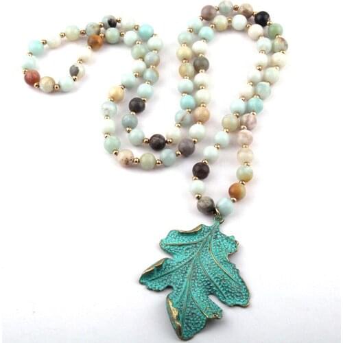Free Shipping Fashion Amazonite Stone Bead Metal Blue leaf Pendant Necklaces