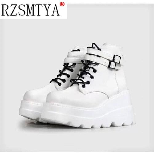Wedges Ankle Boots White Black Rubber Sole Shoes Platform Boots Women Lacing Autumn Platform Heels Shoes Gothic Shoes