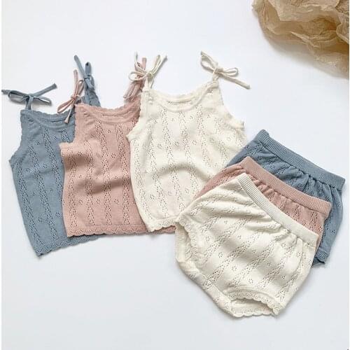 Baby Girl Hollow Out Clothes New 2021 Summer Baby Girl Clothing Girls Braces Knit Shorts Suit Infant Outfit Set
