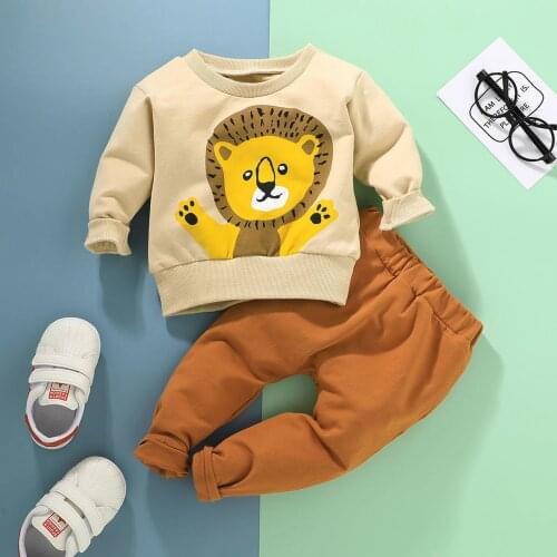 0-12m Newborn Baby Boys Clothes Set Cartoon Lion Print Long Sleeve Pullover + Solid Color Long Pants 2pcs Autumn Outfits