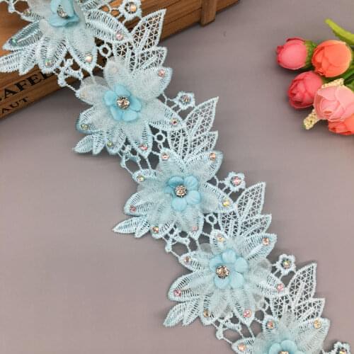 1 yard Blue 3D Wing Shape Pearl Rhinestones Flower Lace Trim Trimmings Fabric Ribbon Wedding Dress Clothes Applique DIY Sewing