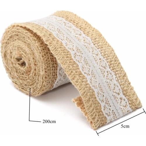 5cm x 200cm 2pcs Natural Jute Burlap Roll White Lace Hessian Trim Table Runner Bands Rusticity Wedding Decor DIY Craft