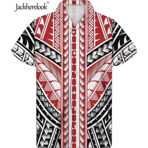 Jackherelook Red Black Polynesian Tattoo Print Loose Cuban Guayabera Hawaiian Tops Short Sleeve Men Shirts Streetwear Male Shirt