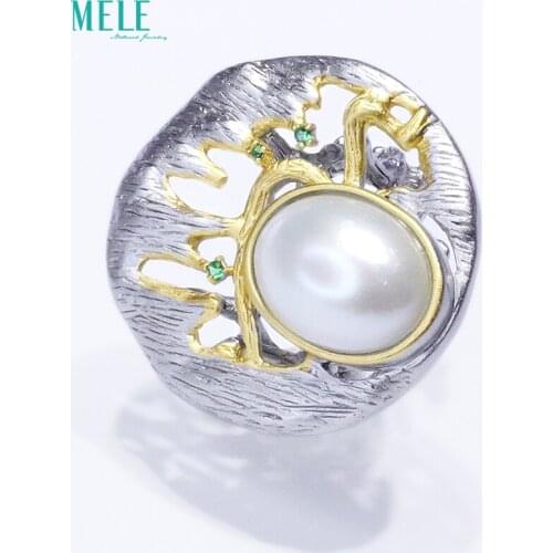 Natural seawater Horse shellfish Pearl Ring Main stone 11.5*15.3mm Ring overall weight 65.8ct