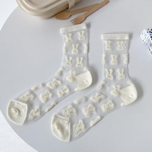 1Pair Japanese Korea Style Socks Womens Casual Creative Transparent Silk Trend Cartoon little bear Ultrathin Glass Silk Socks