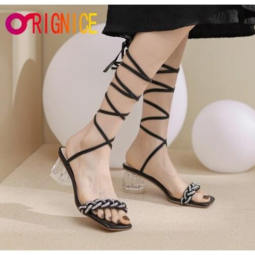 Orignice Summer Women Ankle Cross Strap Sandals Fashion Square Toe Woven Crystal Rome Clear Heels Lace Up Party Shoes Size 35~43