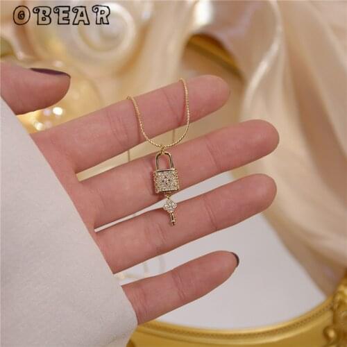 OBEAR Korean Style Simple Fashion 14K Real Gold Lock Necklace for Woman Elegant Sexy Pendant Jewelry Aaccessories Gift