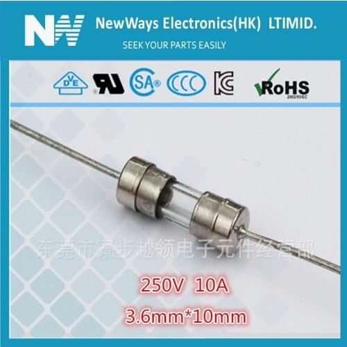 50PCS/Lot 10A Glass fast Fuse 3.6*10mm 10A 250V with lead wire Fuse