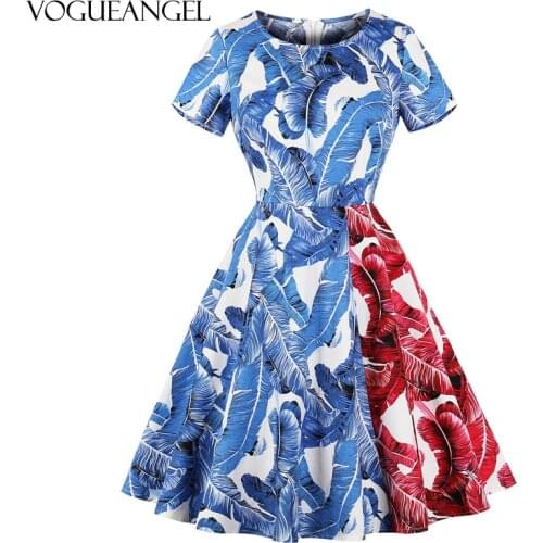 S-4XL Plus Size Women Summer Retro 50s 60s Leaf Printed Contrast Dress Female Rockabilly Party Dresses Vintage Tunic Vestidos