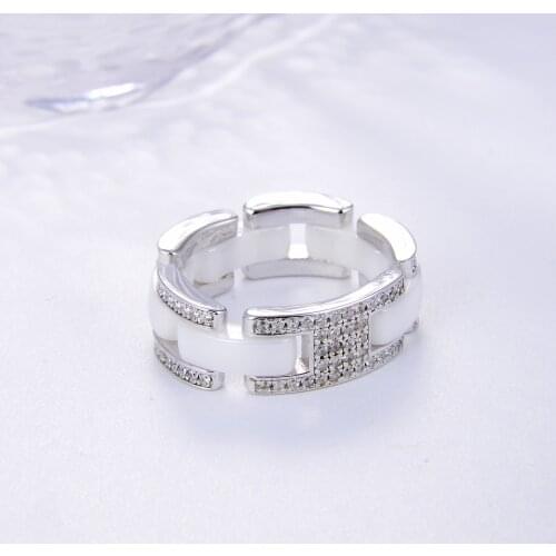 S925 silver ceramic ring black and white precision inlaid zircon precision ceramic chain ring for men and women