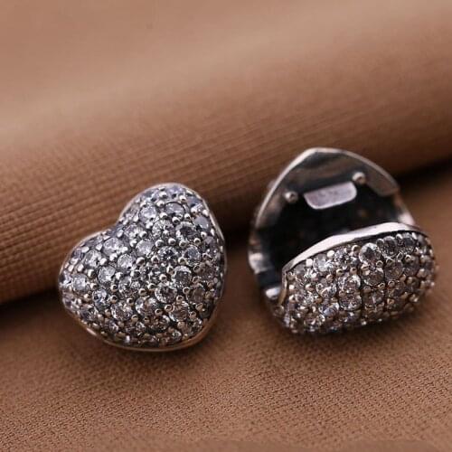 New design Fits charm heart clip 925 sterling silver european beads lock stopper charm with paved clear zirconia