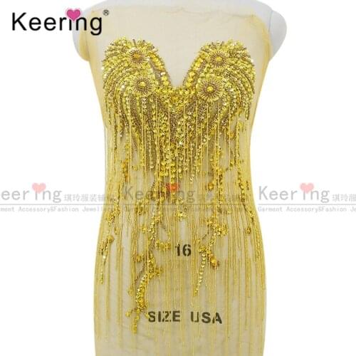 Bling Bling Gold Luxury Waterfall dangling bodice applique jewelry Dress Patch For Wedding Dress WDP-306