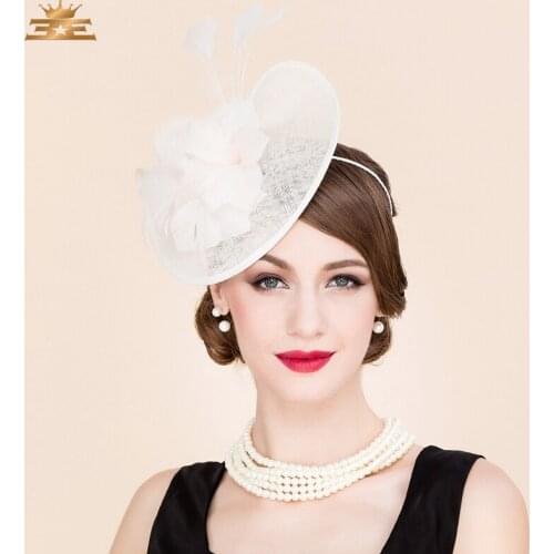 British Style Beige White 100% Linen Wedding Sinamay Hat for Women Fashion Feather Banquet Party Church Derby Hats B-8180