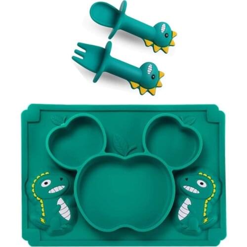 Silicone Dinner Baby Suction Plate Cartoon Childrens Fruit Dinosaur Shaped Food Grade Placemat Set with Cup and Fork Spoon