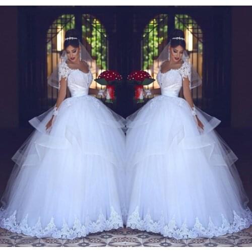 Ball Gown Wedding Dresses White Lace Sheer Long Sleeves Bridal Gowns Tulle Tiered Saudi Arabic Vestidos Custom Made