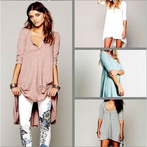 Women Half Sleeve Low Cut Shirt Loose One Piece Dress Asymmetrical Skirt S-XXL