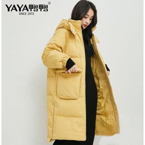YAYA 2021 Womens Winter White Duck Down Jacket Thick Loose below knee longer Warm Down Overcoat Hood Windbreak Padded Outerwear