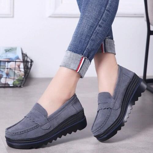 Women Slip On Flat Shoes Genuine Leather Casual Loafers Nubuck Suede Platform Sneakers Ladies Shallow Wedge Footwear Plus Size