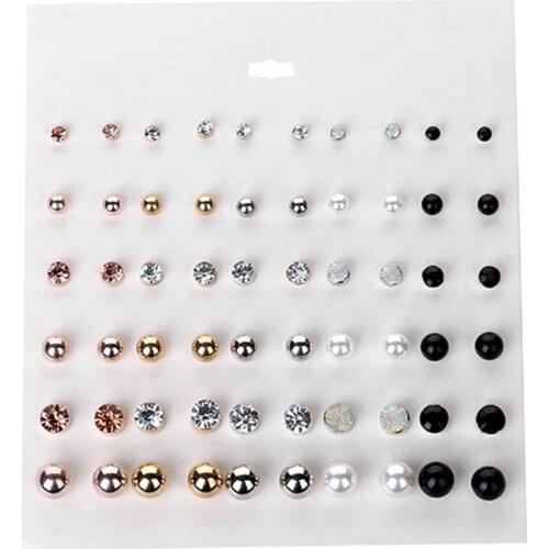 Fashion Earring Set 30 Pairs Women Round Ball Crystal Stud Earrings For Women Piercing Simulated Pearl Metal Black Earrings