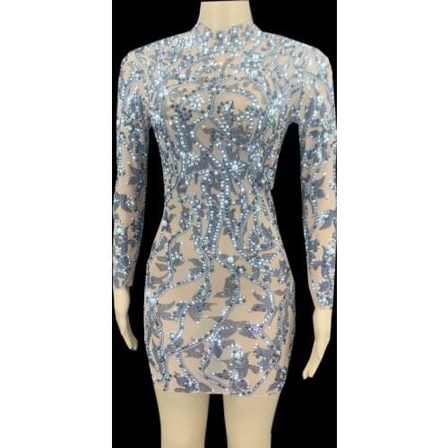 Black Pattern Rhinestone Pearls Short Dress Long Sleeve Women Birthday Celebrate Evening Party Prom Outfit Singer Stage Wear