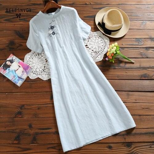 Mori Girl 2019 Summer Tunic Women A-Line Dresses Stand Collar Short Sleeve Cotton Linen Floral Embroidery Vintage Dress Vestidos