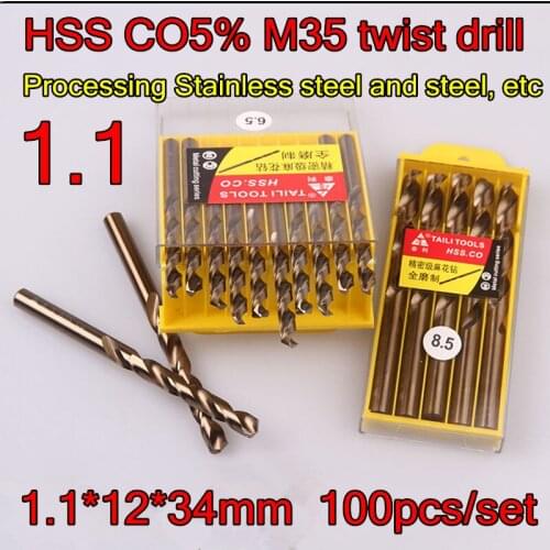 1.1*12*34mm 100pcs/set HSS CO5% M35 Containing cobalt twist drill Processing Stainless steel and steel, etc Free shipping