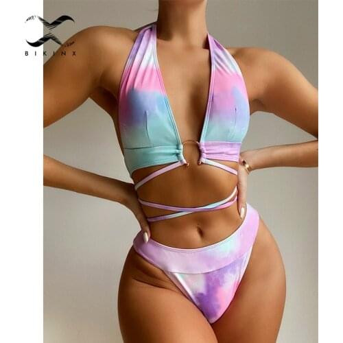 2021 Halter push up bikini set Tie dye swimsuit womens swimming suit High cut swimwear female Sexy string bathing suit Biquini