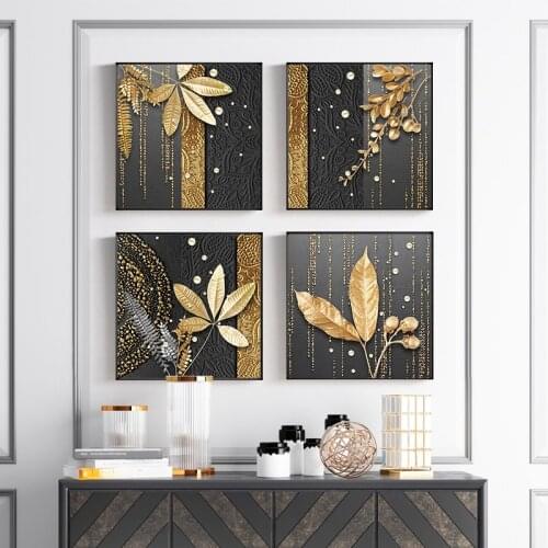 4 Pieces Golden Black Plant Leaves Abstract Luxury Canvas Poster Wall Art Painting Nordic Print Wall Picture Living Room Decor