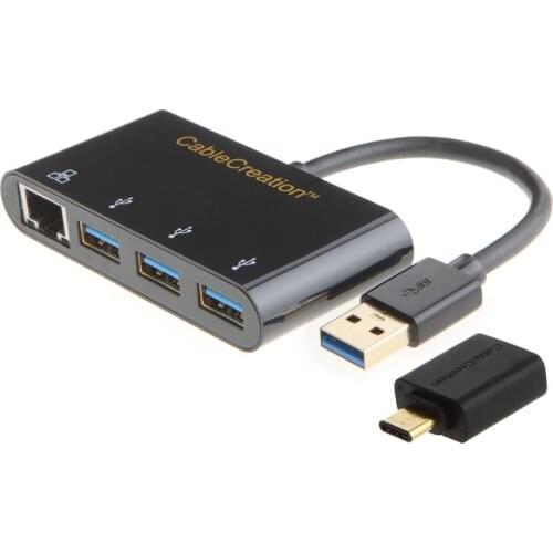 2-in-1 USB 3.0+3.1 USB-C with 3 Ports USB 3.0 Hub + Gigabit Ethernet Port Adapter Compatible Windows,Mac OS,Linux System