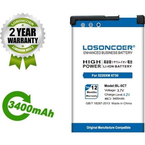 LOSONCOER Battery 3400mAh BL-5CT For Nokia 5220 6730 C5 6330 6303i C5-00 C5-02 C6-01 C3-01 C3-01m 6303C 5220XM Battery