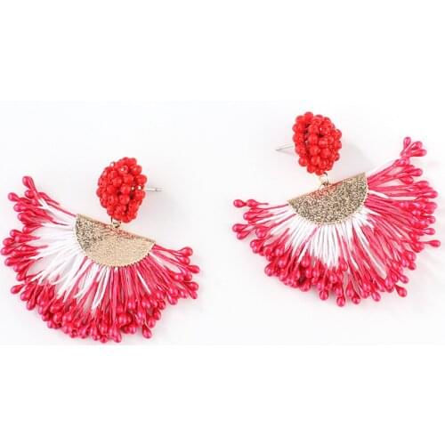 Gojomem Bohemian Handmade with Multi-color Beads Dried Flowers Fan Pendant Fashion Earrings for Sea Garden Party Womens Gift