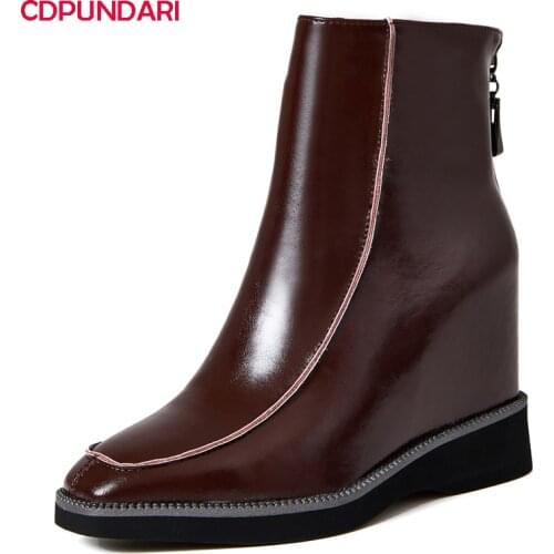 Wine Red Genuine Leather Wedges Platform Ankle Boots Women Autumn Winter High Heels Modern Boots Shoes Bottes Plateforme Femme