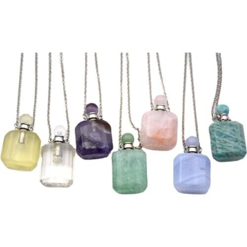 Natural gems stone perfume bottle square pendant Valentines Gift Essential oils diffuser Healing crystal vials for necklace