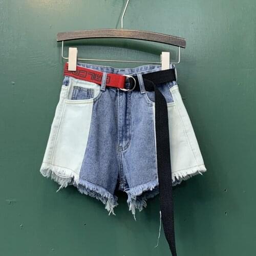 Denim shorts womens Internet celebrities retro hit color cotton shorts burr design high waist wide leg shorts F1344