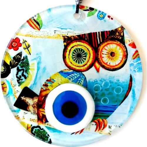Scholar Owl 12 Centimeter Evil Eye Bead Fusion Glass Wall Decoration