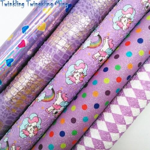 Diamonds Unicorn Dots printed Glitter Leather Fabric ,Iridescent hearts Synthetic Leather For Bow 21x29CM Twinkling Ming KM425