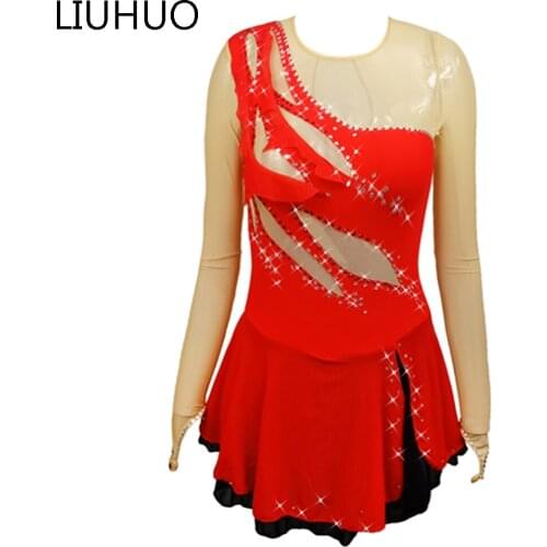 LIUHUO Figure Skating Clothing Girls Long Sleeves Children Ice Skating Skirt Spandex Skirt Women Competition Dresses