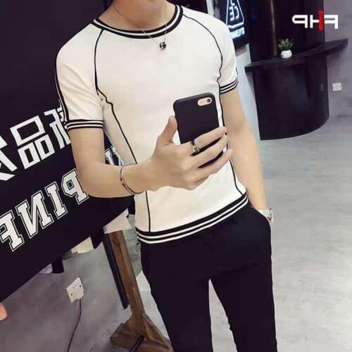 Spring and Autumn New Trend Korean Slim Striped Clothes T-shirt Youth Tight Short Sleeve T-shirt Men