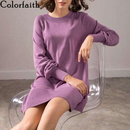 Colorfaith New 2019 Autumn Winter Women Dresses Loose Sweater Lantern Sleeve Elegant Casual knitting Office Ladies DR6625