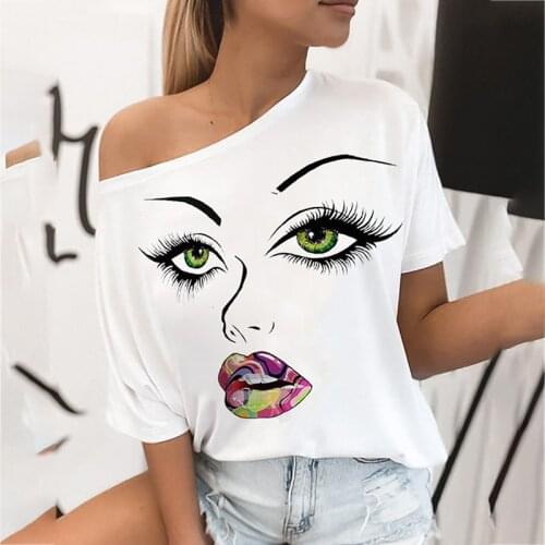 Plus Size 5XL Beautiful Face Print Fashion Women One Shoulder Casual 2021 Summer Tops Casual Short Sleeve T-shirt Harajuku Shirt