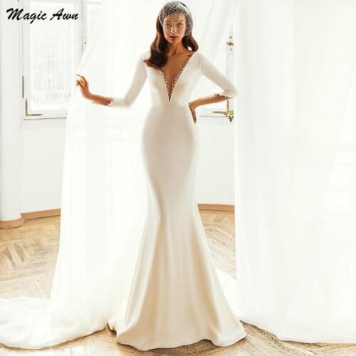 Magic Awn Elegant Mermaid Wedding Dresses Long Sleeves Beaded Illusion Bodice Satin Vintage Bridal Gowns Princess Vestidos Novia