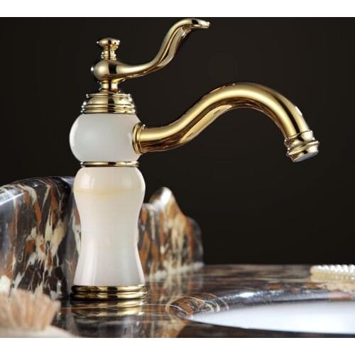 High quality Bathroom luxury gold Brass jade Hot and cold Water tap golden European Basin Faucet Sink Mixer Tap Faucet--5217MD