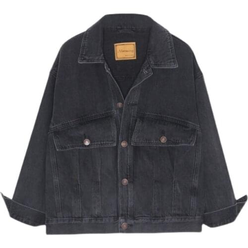 2021 Spring New Korean Vintage Short Black Denim Coat Women Female Big Pocket Casual Student Jeans Jacket Harajuku Clothes H1412