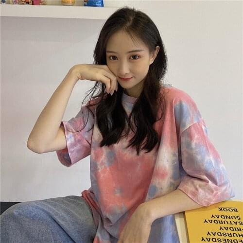 Summer T Shirt Women The New Cotton tie-dyed Ramp Short Sleeve T-shirt Female Leisure Render 2021 Harajuku Tshirt WBX318