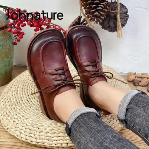 Johnature Pumps Women Shoes Genuine Leather Round Toe Lace-Up Retro Spring/Autumn 2021 New Handmade Concise Ladies Shoes