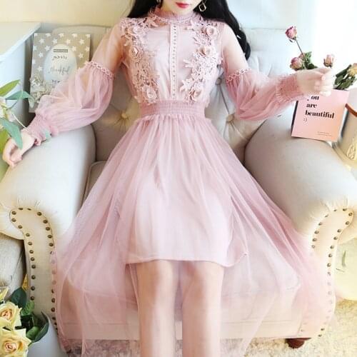 Two Pieces Set Women Hollow Out Flower Lace Dress Sweet Lantern Sleeve Mesh Dress Lady High Waist A Line Long Pleated Vestidos